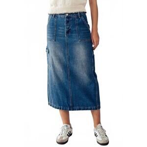 NEW URBAN DAIZY utility chic midi denim skirt in med wash